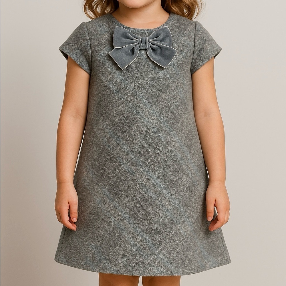 Confiture Girls' Gray Plaid Dress with Velvet Bow Detail (1099)